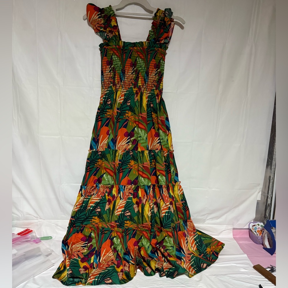 Tropical Ruffle Midi Dress in Green and Orange